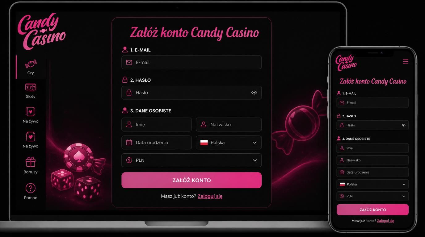 Forma rejestracyjna w Candy Casino przedstawiona na urządzeniach z Polski.