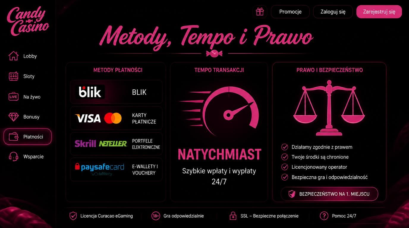 Ikony różnych metod wpłat nad interfejsem kasyna z napisem „Metody, Tempo i Prawo”