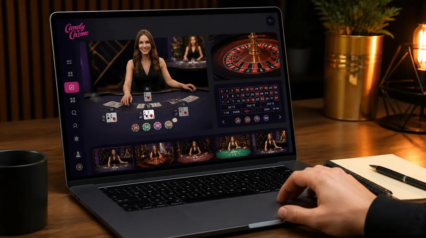 Ekran kasyna na żywo z krupierką przy stole do blackjacka i podglądem ruletki