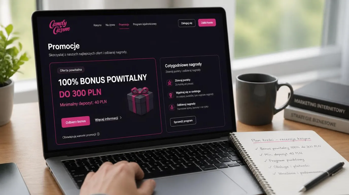 Ekran promocji kasyna z ofertą 100% do 300 PLN, minimalną wpłatą 40 PLN i kartą nagród tygodniowych
