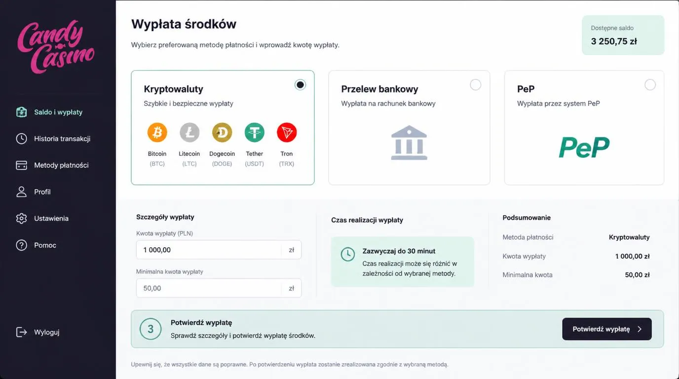 Ekran kasy z przelewem bankowym, kryptowalutami i PeP oraz porównaniem czasu wypłaty